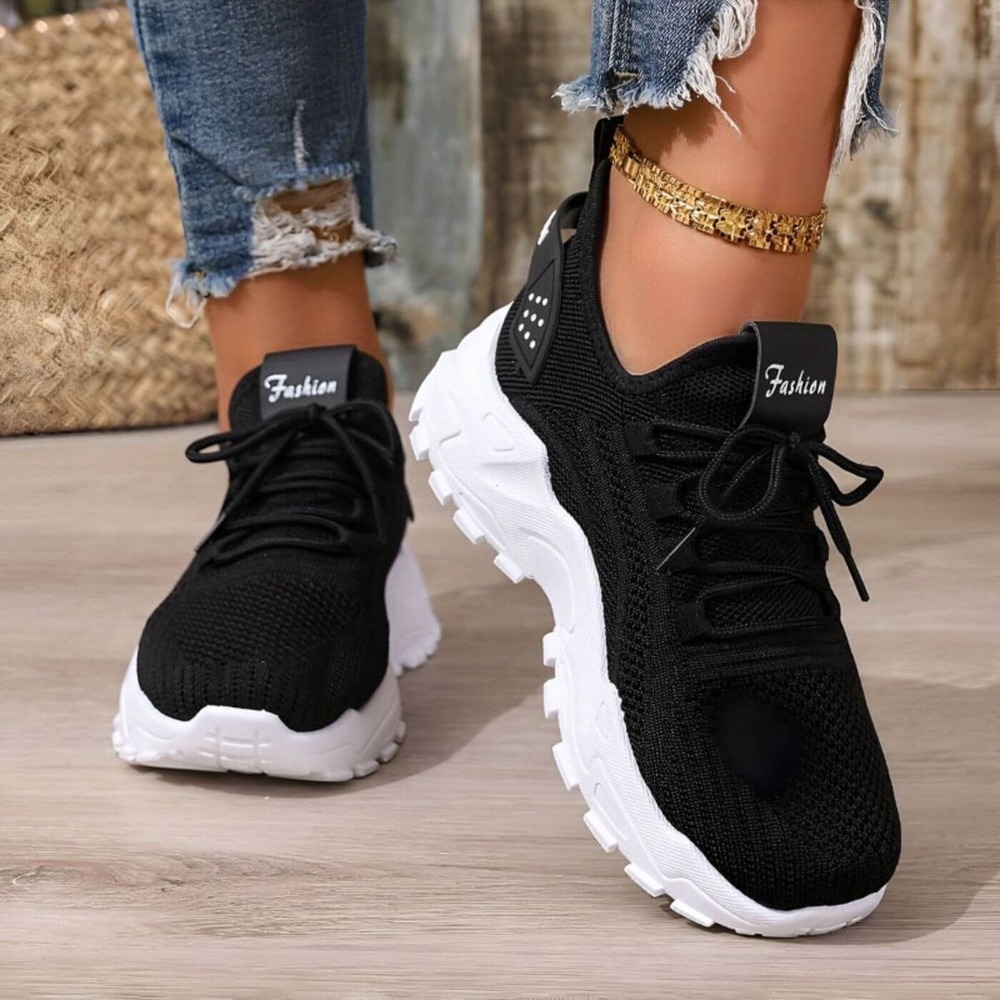 FME Fashion Womens Knit Platform Sneakers Black White Mesh Lace Up Trainers